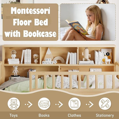 Bellemave Twin Size Montessori Floor Bed with Bookcase, Twin Floor Bed with High Fence and Storage Shelves, Easy Assemble Montessori Beds Frame for Girls, Boys, Natural