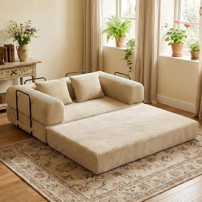 ZEIINPA 59“ Convertible Floor Sofa Bed, 5-in-1 Futon Sofa Bed Pull Out Sleeper Couch, Modern Corduroy Compressed Loveseat, Modular Boneless Couches for Living Room, No Assembly Required, Beige