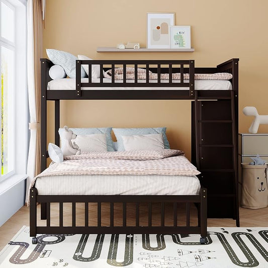 Harper & Bright Designs Twin Over Full Wood Bunk Bed with Cabinet, High Loft Bunk Bed with 6 Drawers and 3 Flexible Shelves for Kids Teens Adults (Espresso)