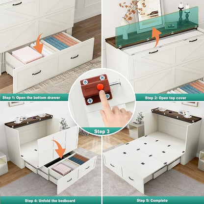 Hlivelood Queen Size Murphy Chest Bed with Drawer and Charging Station, Farmhouse Wood Space-Saving Hidden Folding Bed Chest, Multifunctional Storage Cabinet Beds for Bedroom, Office, Rustic White