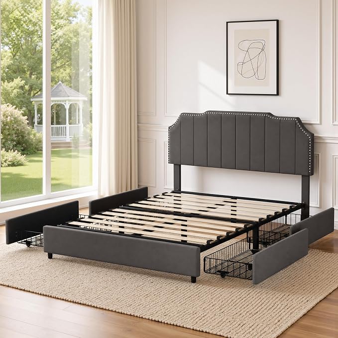 VECELO Queen Upholstered Platform Bed Frame with 4 Storage Drawers,Velvet Vintage Queen Bed with Nailhead Trim,Tufted Height Adjustable Headboard,Wooden Slats/No Box Spring Needed/Easy Assembly