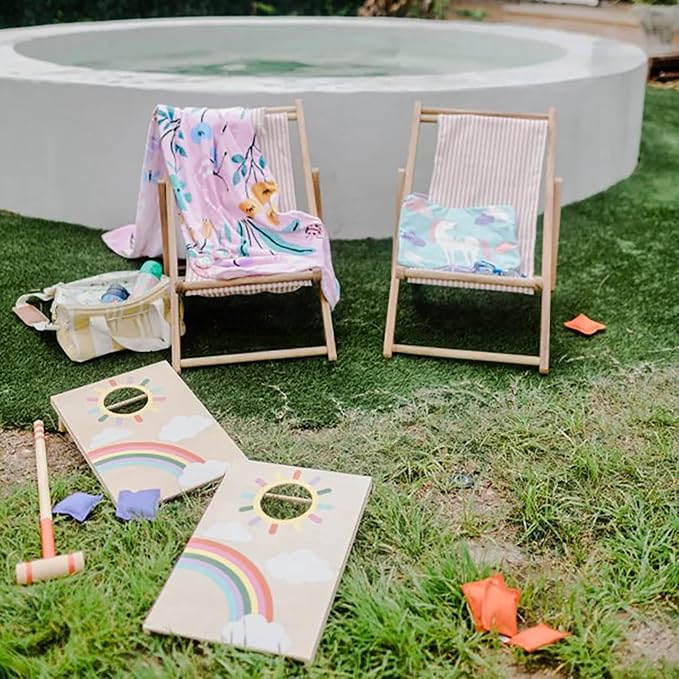 Children’s Vintage Sun Lounger Sling Chair | Wooden Frame with Canvas Fabric | Outdoor Folding Deck Chair for Kids Ages 5+ | Portable & Lightweight for Backyard, Poolside, or Beach (Jungle Canopy)