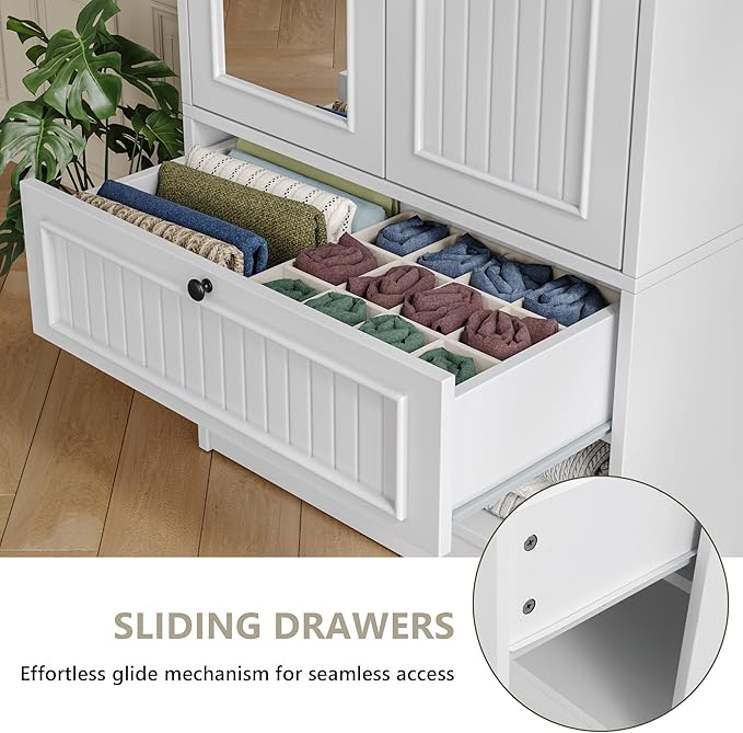 iPormis Wood Armoire Wardrobe Closet with Mirror Door and Drawer, 2 Doors Bedroom Storage Cabinet for Hanging Clothes, White