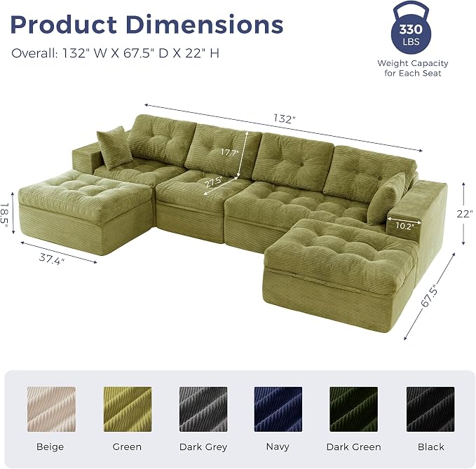 MAXYOYO 132" U Shaped Modular Sectional Sofa with 2 Ottomans, Cloud Boneless Couch with Layered Cushion, Flexible Module Combination Sofa for Living Room, No Assembly Required, Green