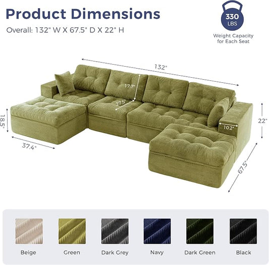 MAXYOYO 132" U Shaped Modular Sectional Sofa with 2 Ottomans, Cloud Boneless Couch with Layered Cushion, Flexible Module Combination Sofa for Living Room, No Assembly Required, Green