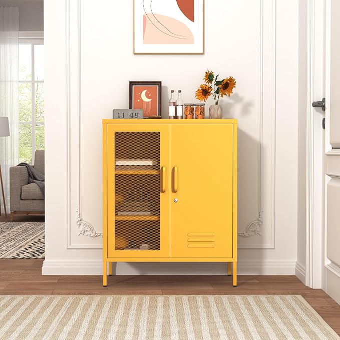 Locking Steel Storage Cabinet Shoe Cabinet for Living Room Bathroom Kitchen Left Wire Mesh Door Right Iron Door Yellow Size：33" H x 29.5" W x 13.8" D
