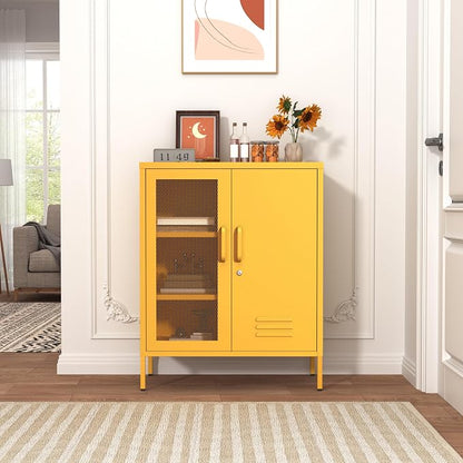 Locking Steel Storage Cabinet Shoe Cabinet for Living Room Bathroom Kitchen Left Wire Mesh Door Right Iron Door Yellow Size：33" H x 29.5" W x 13.8" D