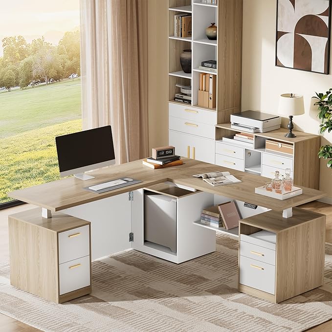 ModernMate 71" L-Shaped Electric Standing Desk with 5 Drawers, One-Piece Height Adjustable Executive Stand Up Desk, AC/USB & Privacy Panel, Home Office Workstation with Storage, Light Walnut