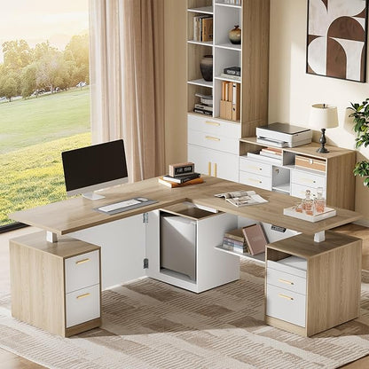 ModernMate 71" L-Shaped Electric Standing Desk with 5 Drawers, One-Piece Height Adjustable Executive Stand Up Desk, AC/USB & Privacy Panel, Home Office Workstation with Storage, Light Walnut