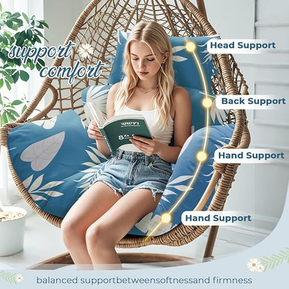 Waterproof Egg Chair Cushion Replacement 47x31.5x4.7 inch Thicken Hanging Egg Swing Chair Cushion Indoor Outdoor Wicker Rattan Hammock Basket Cushion with Headrest Pillow, Blue Leaf