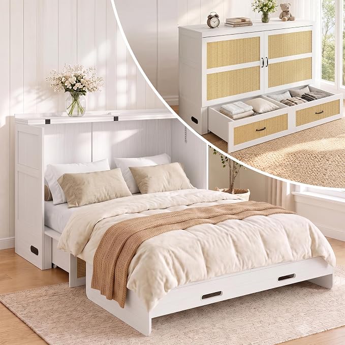CECER Queen Size Murphy Bed with Mattress for Guest/Small Space-White | Built-in Multi-Port Charging Station ＆ Large Storage Drawer，Space Saving ＆ Easy Assemble and Conversion