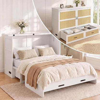 CECER Queen Size Murphy Bed with Mattress for Guest/Small Space-White | Built-in Multi-Port Charging Station ＆ Large Storage Drawer，Space Saving ＆ Easy Assemble and Conversion
