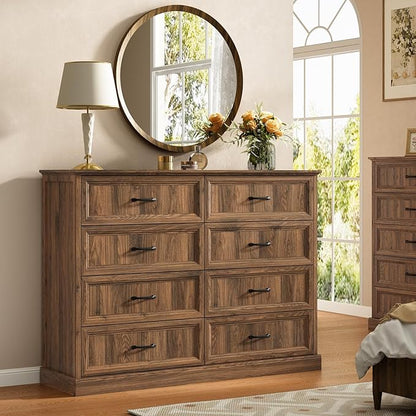 CARPETNAL Farmhouse Dresser and Nightstand Sets for Bedroom, 3 Pcs Bedroom Set, 8 Drawer Dresser & Nightstand Set of 2, Modern Wood Chest of Drawers for Bedroom, Living Room, Entryway, Brown