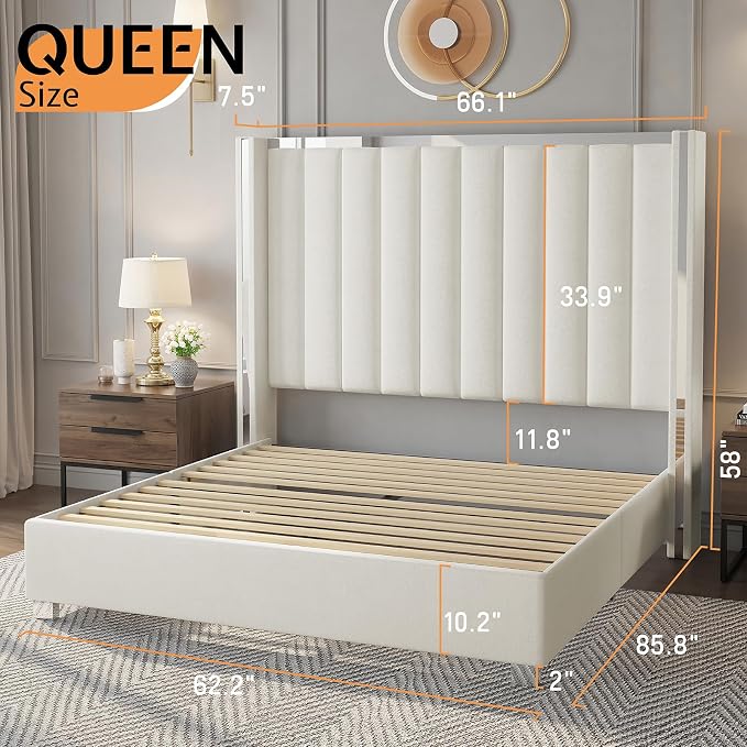 Jocisland Queen Size Bed Frame with 58" Tall Headboard, Platform Velvet Upholstered Bed with Channel Tufted Wingback Headboard and Plating Trim, No Box Spring Needed, White Cream