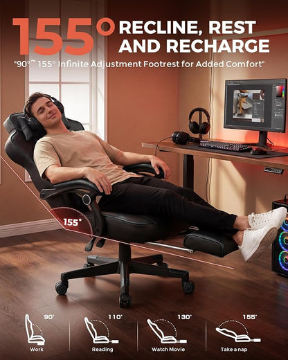 GTPLAYER Gaming Chair with Footrest, Big and Tall Game Chair 350lb Racing Style Computer Chair, Ergonomic Executive Office Chair High Back with Lumbar Support and Recliner, Black