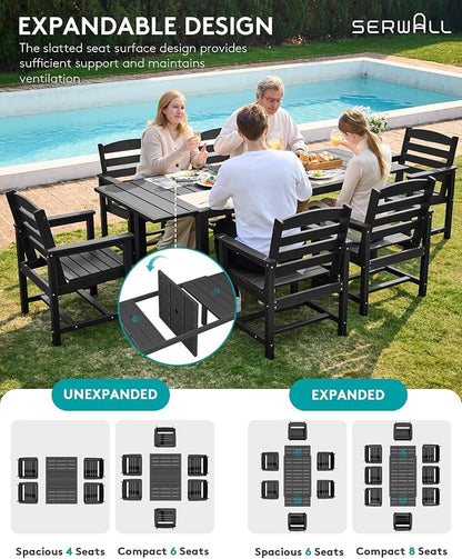 SERWALL 10-Piece Patio Dining Sets with 15FT Patio Umbrella, Black | 60" - 83" Expandable Outdoor Dining Table and 8 HDPE Chairs, All Weather HDPE Outdoor Furniture Set