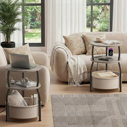 Round Side Table with Charging Station, USB Type C Port, Greige | End Table with Power Outlet and Basket, Space Saving, 3-Tier Nightstand, Corner Stand, for Living Room, Bedroom, Patio