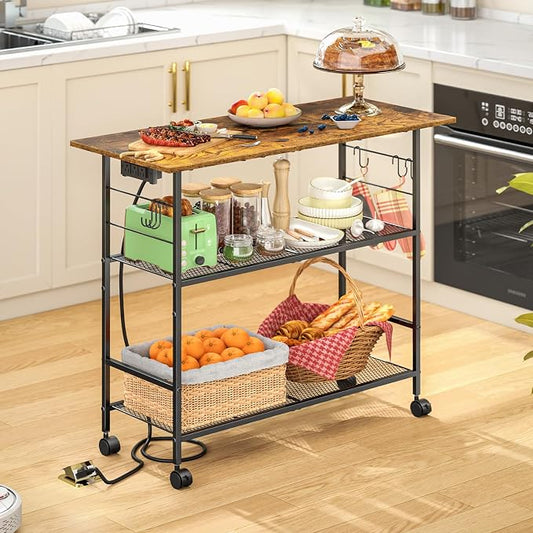 Kitchen Island with Power Outlet, Rolling Kitchen Cart with 6 Hooks and Protective Shelf, Microwave Stand on Lockable Wheels, Bakers Rack Coffee Bar for Dining, Living Room, Outdoor, Metal Frame