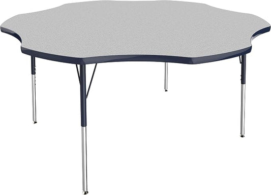 FDP Flower Activity School and Office Table (60 inch), Standard Legs with Swivel Glides for Collaborative Seating Environments, Adjustable Height 19-30 inches - Gray Top and Navy Edge