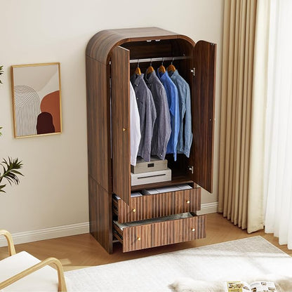 LEVNARY Arched Armoire Wardrobe Closet, Mid-Century Modern 2-Door Freestanding Wardrobe with Hanging Rod and 2 Drawers, Fluted Carved Clothing Storage Cabinet for Bedroom (Walnut)