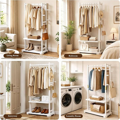 Solid Wood Clothes Rack with 2 Shelves & 4 Hooks for Hanging Clothes Garment Wallets Hats, White Clothing Rack Heavy Duty Coat Rack Freestanding with Storage Hall Tree for Hallway Bedroom Living Room