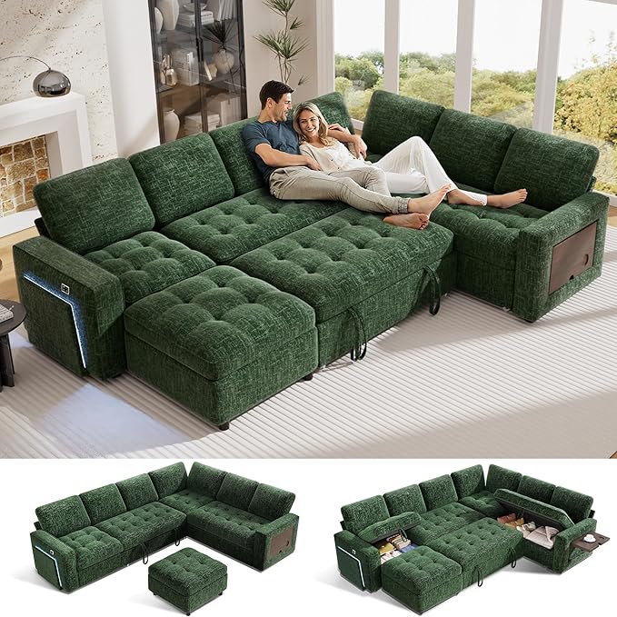 Vipbear 7 Seat L Shaped Modular Sectional Sleeper Sofa Bed with Ottoman/Pull Out Bed/Reclining Backrest/USB Ports/Table/LED Light/Storage Seat, Tool-Free Assembly, Chenille Green