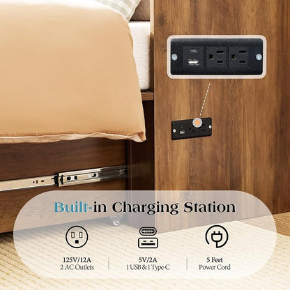 LUXOAK Full Murphy Bed with 6" White Tri-Fold Memory Foam Mattress, Storage Drawer & Charging Station, Space-Saving Design for Home Office or Guest Room, Barnwood