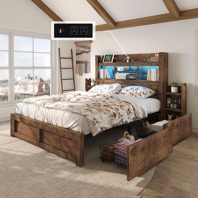 LUXOAK Full Bed Frame with 49.6" Bookcase Headboard & 2 Bedside Stoage Racks & 4 Drawers, Farmhouse Wood Bed Frame with RGB LED & Charging Station, No Box Spring Needed, Rustic Brown
