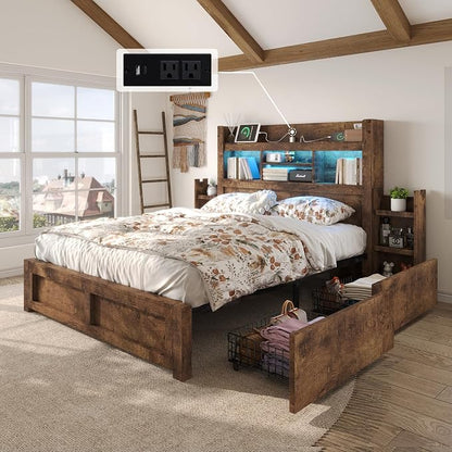 LUXOAK Queen Bed Frame with 49.6" Bookcase Headboard & 2 Detachable Bedside Stoage Racks & 4 Drawers, Farmhouse Wood Bed Frame with RGB LED & Charging Station, No Box Spring Needed, Rustic Brown