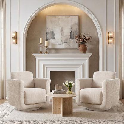 Swivel Accent Chairs Set of 2, Fully Assembled Barrel Chairs, Accent Chairs with Solid Wood Frame & Ergonomic Cushion, 360° Chenille Armchairs for Living Room & Bedroom, Linen