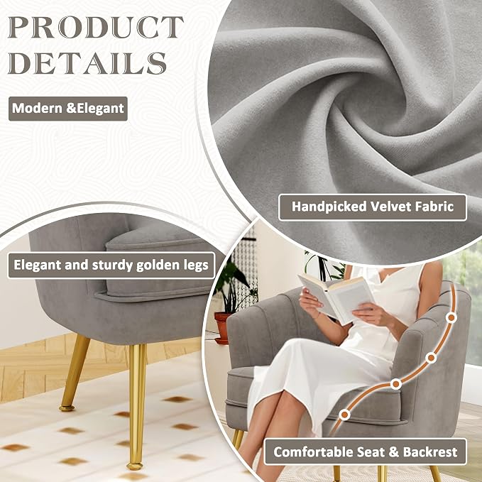 Andeworld Velvet Accent Chair, Upholstered Modern Single Sofa Side Chair,Comfy Barrel Club Living Room Armchair with Golden Metal Legs for Bedroom Living Reading Room Office, Grey