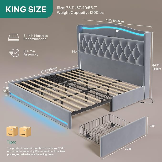 DWVO King Size Bed Frame with 4 Storage Drawers and RGB LED Lights, 57'' Tall Headboard Velvet Upholstered Bed with Charging Station, No Box Spring Needed, Easy Assembly, Noise-Free, Dark Grey