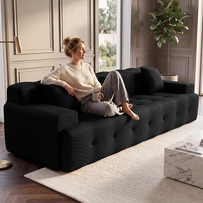 OUYESSIR 114" Boneless Couch,Cloud Couch,3D Mesh Fabric Comfy Sofa,3 Seater Modern Curved Sofa for Living Room,Bedroom and Apartment,No Assembly Required,Black