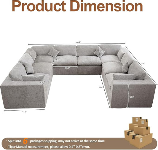 146''Cloud Boneless Sectional Couch, Modular Sectional Sofa Deep Seat, Oversized Upholstered Convertible Comfy 8 Seater Chenille Memory Foam Sofa U Shape Couches for Living Room, Light Grey