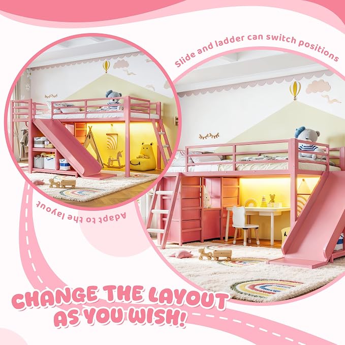 Bellemave Twin Size Low Loft Bed with Slide & 7 Fabric Storage Drawers,Metal Loft Bed Frame with Shelves and LED Lights for Boys Girls,Kids Loft Bed Twin,Pink