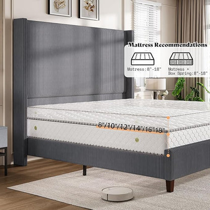 AMERLIFE Queen Size 62" Corduroy Upholstered Bed Frame, Luxurious Platform Bed with Extra Tall Wingback Headboard and Vertical Stripe, No Box Spring Needed/Solid Wood Slats & Legs/Gray