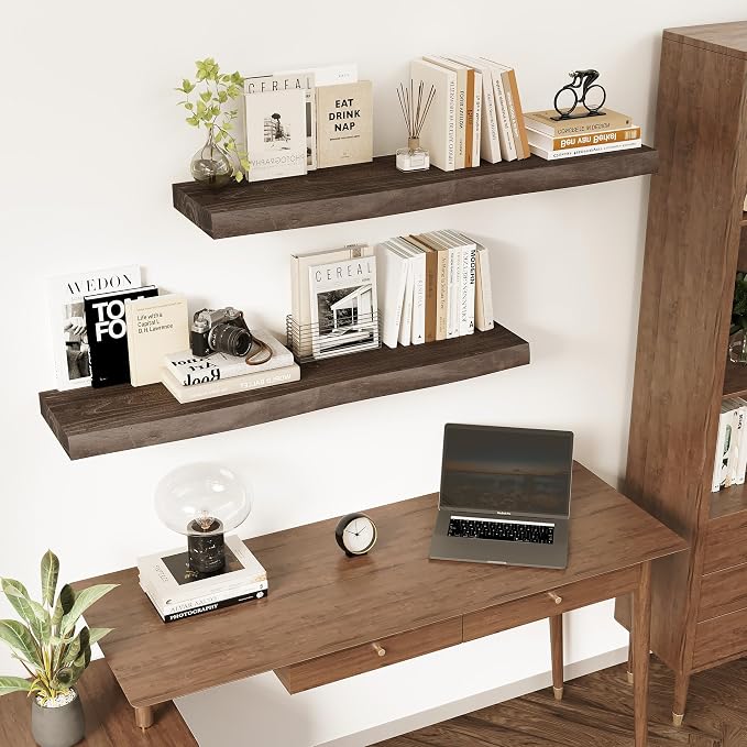 Vivelove Live Edge Floating Shelves for Wall Solid Elm Wood, Rustic Farmhouse Wall Shelf with Invisible Bracket for Living Room Bedroom Bathroom Office Book, 72 Inches - Set of 1 - Dark Walnut