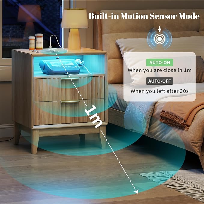 LVSOMT 20'W Fluted Nightstand Set of 2, Night Stand with Charging Station and LED Lights, RFID Lock Hidden Drawer, Mid Century Morden Bedside Table for Bedroom, Open Storage Cubby, Natural Oak