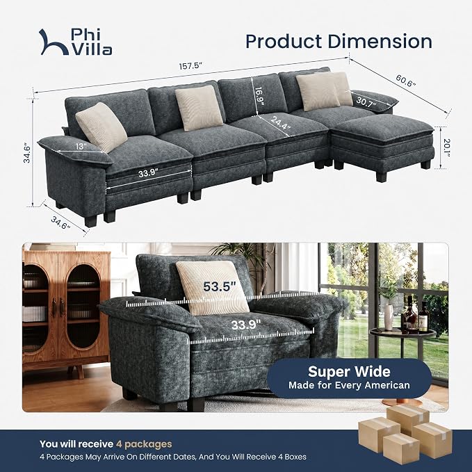 PHI VILLA Cloud Modular Couch Sets, 157.5" Oversized Sectional Sofa with L-Shaped Chaise, 5-Seater Upholstered Couches with Movable Ottoman for Living Room, Chenille Dark Cyan
