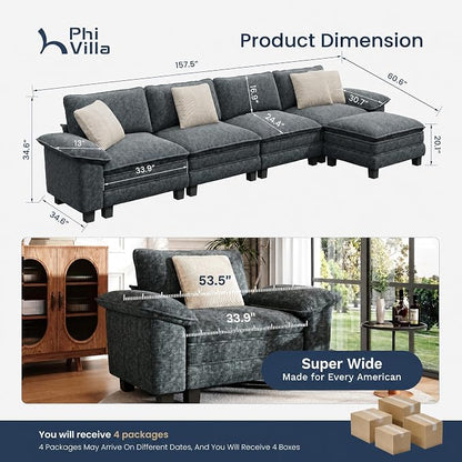 PHI VILLA Cloud Modular Couch Sets, 157.5" Oversized Sectional Sofa with L-Shaped Chaise, 5-Seater Upholstered Couches with Movable Ottoman for Living Room, Chenille Dark Cyan