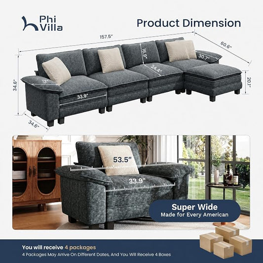 PHI VILLA Cloud Modular Couch Sets, 157.5" Oversized Sectional Sofa with L-Shaped Chaise, 5-Seater Upholstered Couches with Movable Ottoman for Living Room, Chenille Dark Cyan