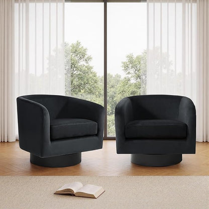 Swivel Barrel Accent Chairs Set of 2, Velvet Upholstered Armchair Modern Round Club Arm Chair for Living Room, Comfy Single Sofa Seating Bedroom Side Reading Seat for Home Office - Black