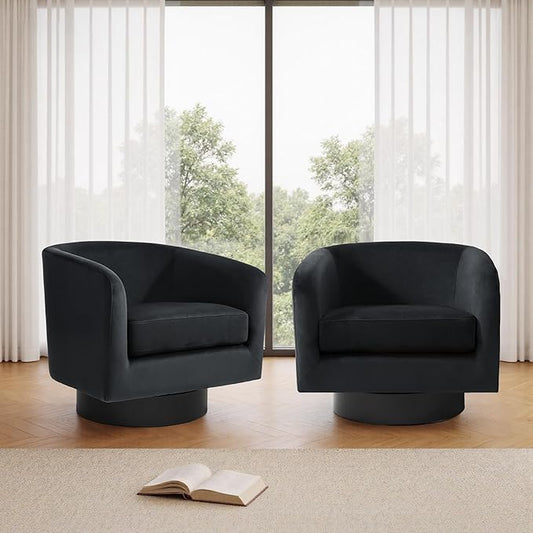 Swivel Barrel Accent Chairs Set of 2, Velvet Upholstered Armchair Modern Round Club Arm Chair for Living Room, Comfy Single Sofa Seating Bedroom Side Reading Seat for Home Office - Black