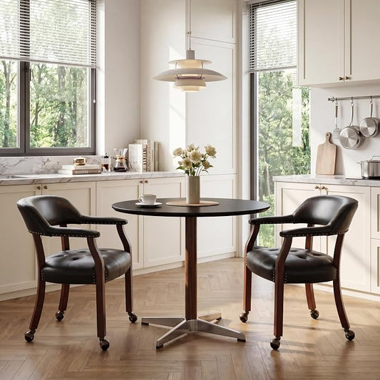 LEEMTORIG Set of 2 Large Dining Chairs with Casters and Arms, Rolling Dining Chairs with Wheels, Accent Game Table Chairs, 26" D x 25.2" W x 31.5" H, Cherry Legs & Black SY-1533-BK