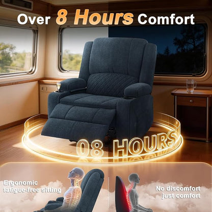 Oversized Manual Recliner Chair, 3 Angle Recliner Home Theater Seating, RV Recliner Single Sofa with Hidden Arm Storage, Cup Holder & Side Pocket (Single, Blue)