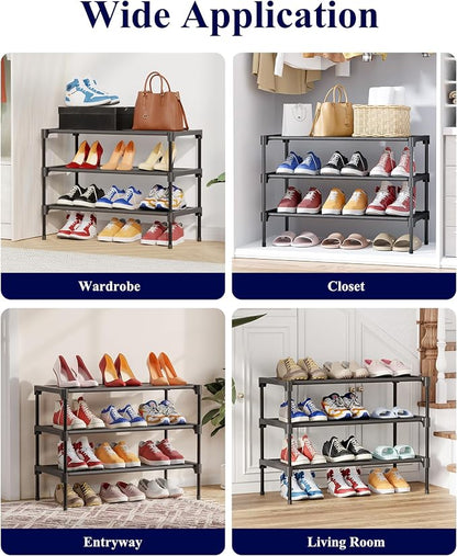 Kitsure Shoe Rack - Non-Woven Shoe Rack Shelf, Shoe Organizer for Closet, Entryway, Garage & Corridor, Stackable Shoe Shelves, 27.5" Wide - 3 Tier, Black