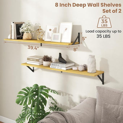 Axeman 40'' x 8'' Oak Floating Shelves for Wall with Brackets Set of 2 | 40 Inch Oak Book Shelf for Living Room Bedroom, Includes Mounting Hardware, Holds up to 45Lbs