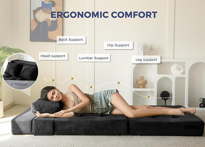MAXYOYO Convertible Sofa Bed, Fold Out Loveseat Sofa Couch with Pillow, 4 in 1 Tufted Folding Couch Bed Foam Floor Couch, Lazy Chair for Living Room Bedroom Guest Room, Black