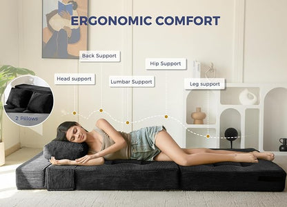 MAXYOYO Convertible Sofa Bed, Fold Out Loveseat Sofa Couch with Pillow, 4 in 1 Tufted Folding Couch Bed Foam Floor Couch, Lazy Chair for Living Room Bedroom Guest Room, Black