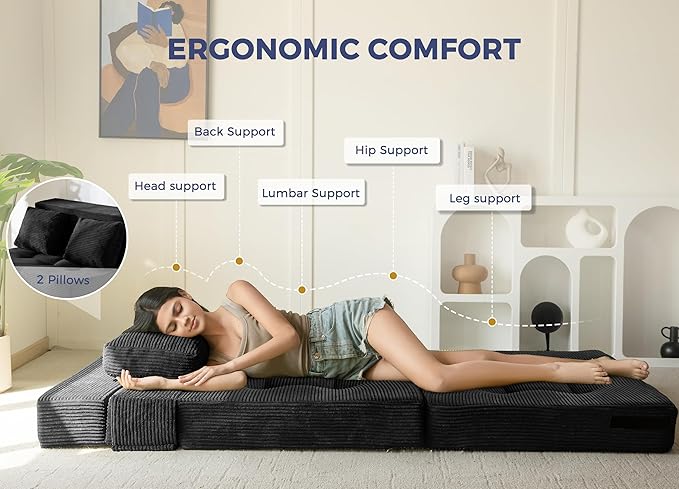 MAXYOYO Convertible Sofa Bed, Fold Out Sofa Couch with Pillow, 4 in 1 Tufted Folding Couch Bed Foam Floor Couch, Lazy Chair for Living Room Bedroom Guest Room, Black